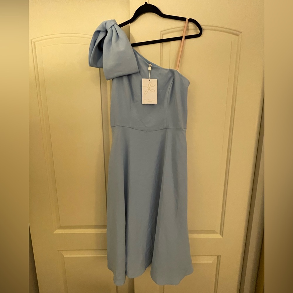 GAL MEETS GLAM Light Blue A-Line Midi Dress Asymmetrical Neck Bow Fit and Flare